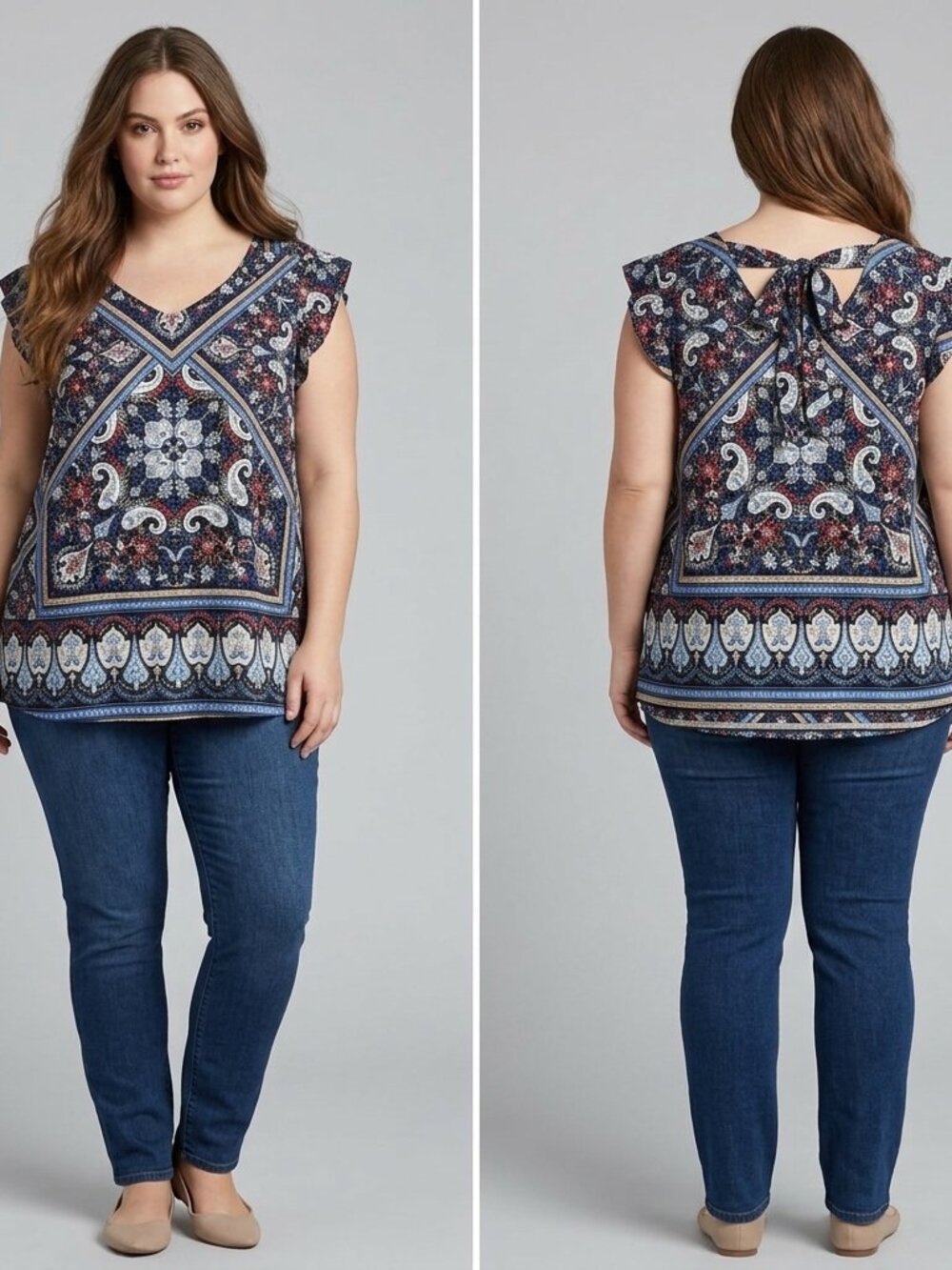Cato Boho Paisley Print Blouse Size 18/20 W (2X) Tie Back Flutter Sleeve Blue Re